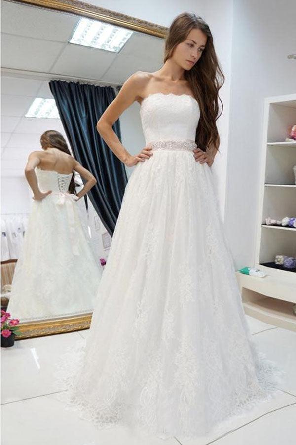 Vestidos de novia NumberSea románticos blancos de corte A con encaje y hombros descubiertos, MW601