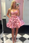 Vestido de fiesta corto con corsé rosa y tirantes de roseta