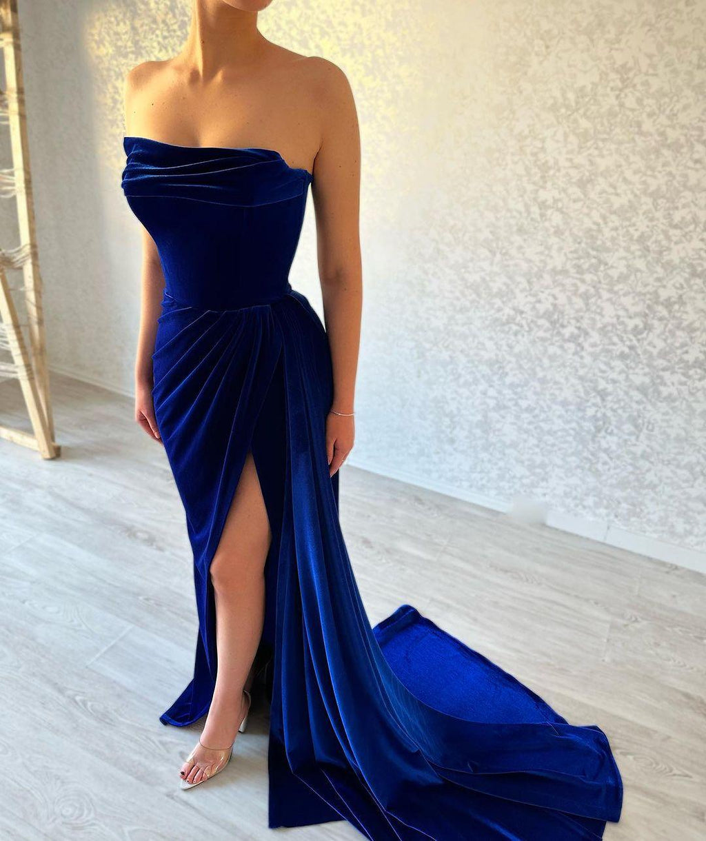 Königsblaues bodenlanges Ballkleid mit Schlitz vorne und trägerlosem Rüschen