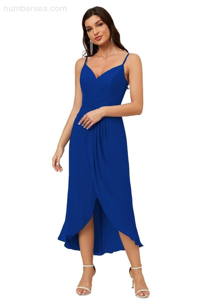 Numbersea Spaghetti Chiffon V Neck Bridesmaid Dress Mid-Length Slit Formal Prom Dress Homecoming Dress 2803-numbersea