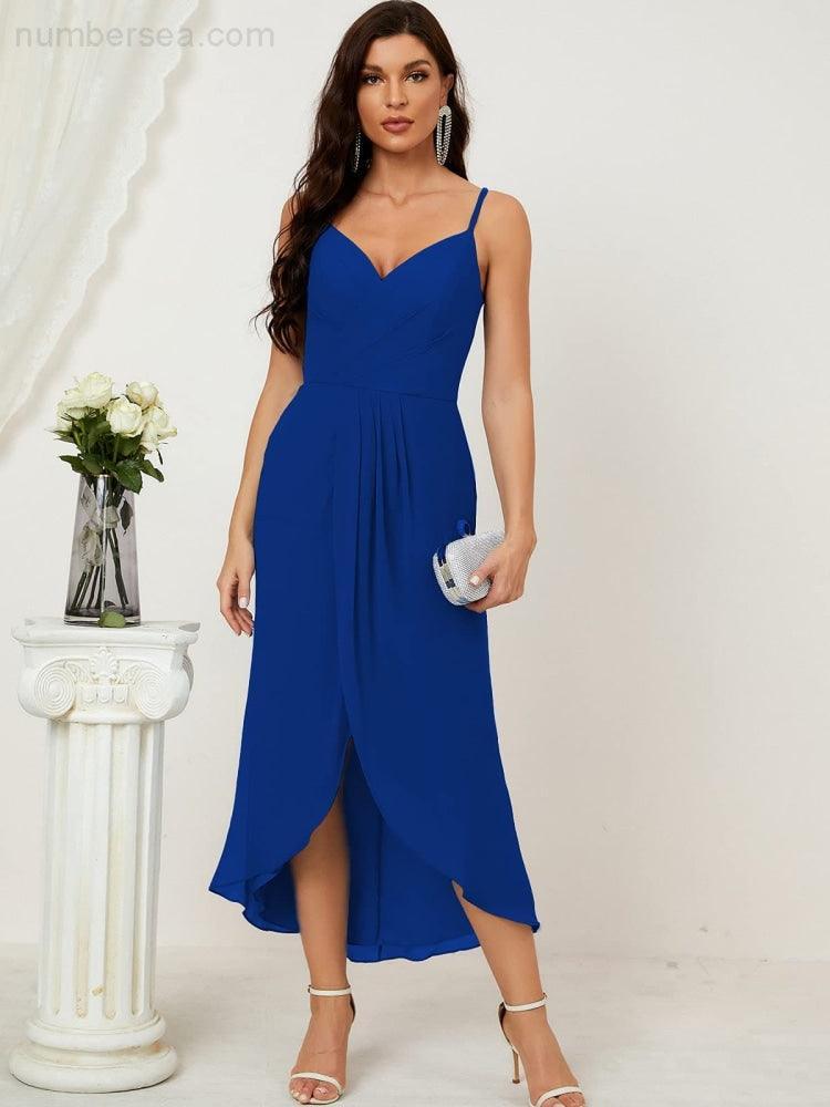 Numbersea Spaghetti Chiffon V Neck Bridesmaid Dress Mid-Length Slit Formal Prom Dress Homecoming Dress 2803-numbersea