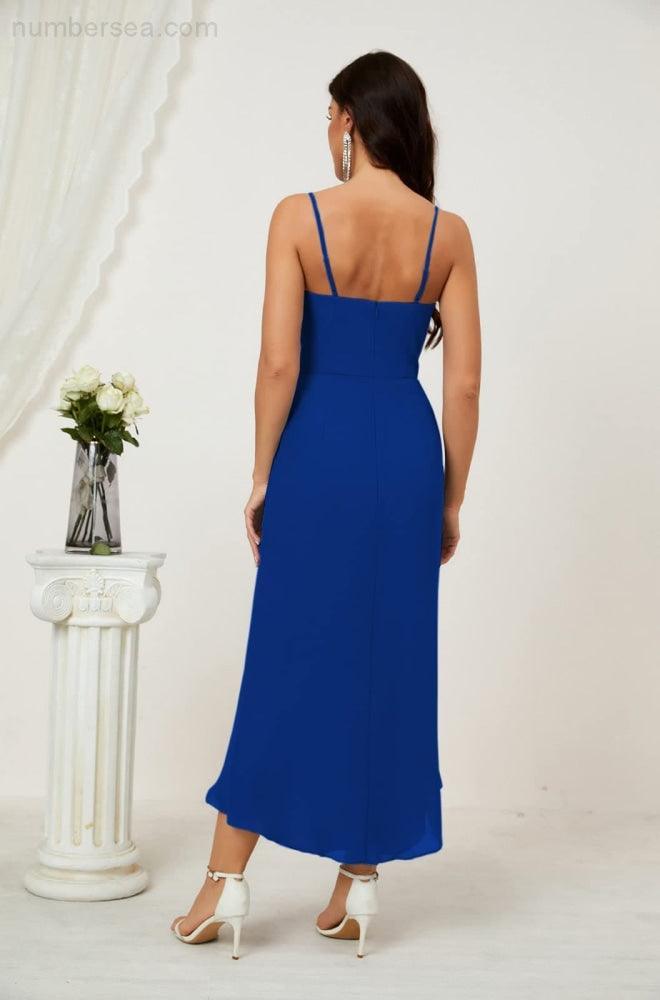 Numbersea Spaghetti Chiffon V Neck Bridesmaid Dress Mid-Length Slit Formal Prom Dress Homecoming Dress 2803-numbersea