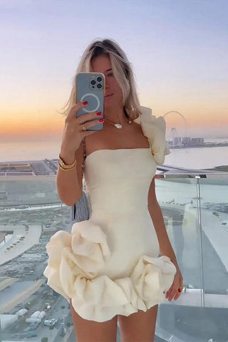 Ruffled Satin Short Party Dress One Shoulder Homecoming Dress