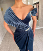 Vestido de fiesta elegante con volantes, abertura frontal, un hombro y cuentas