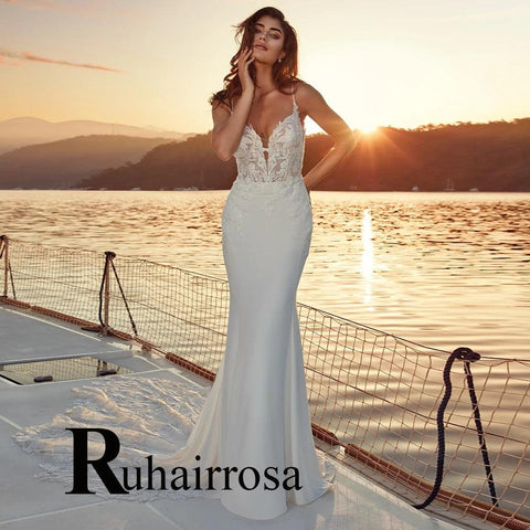 Ruhair Elegante Meerjungfrau Brautkleider Applikationen Spaghetti-Trägern Rückenfrei Knöpfe Für Frauen Robe De Mariée Formale Bräute Kleid 