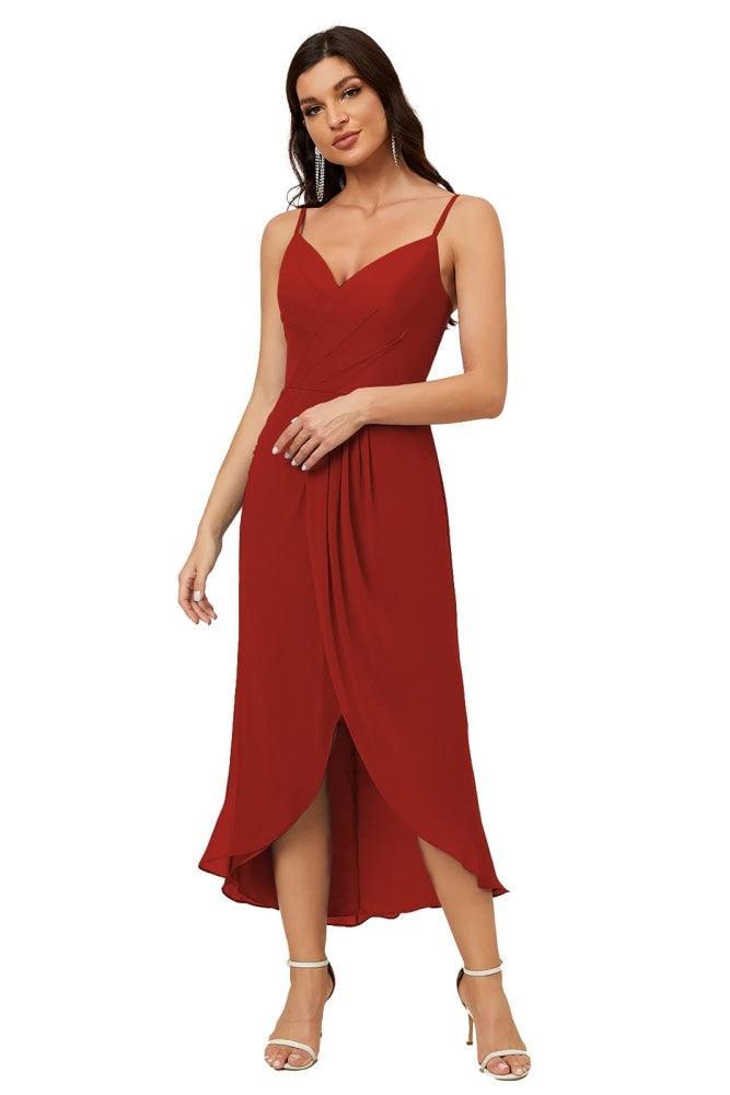 Numbersea Spaghetti Chiffon V Neck Bridesmaid Dress Mid-Length Slit Formal Prom Dress Homecoming Dress 2803-numbersea