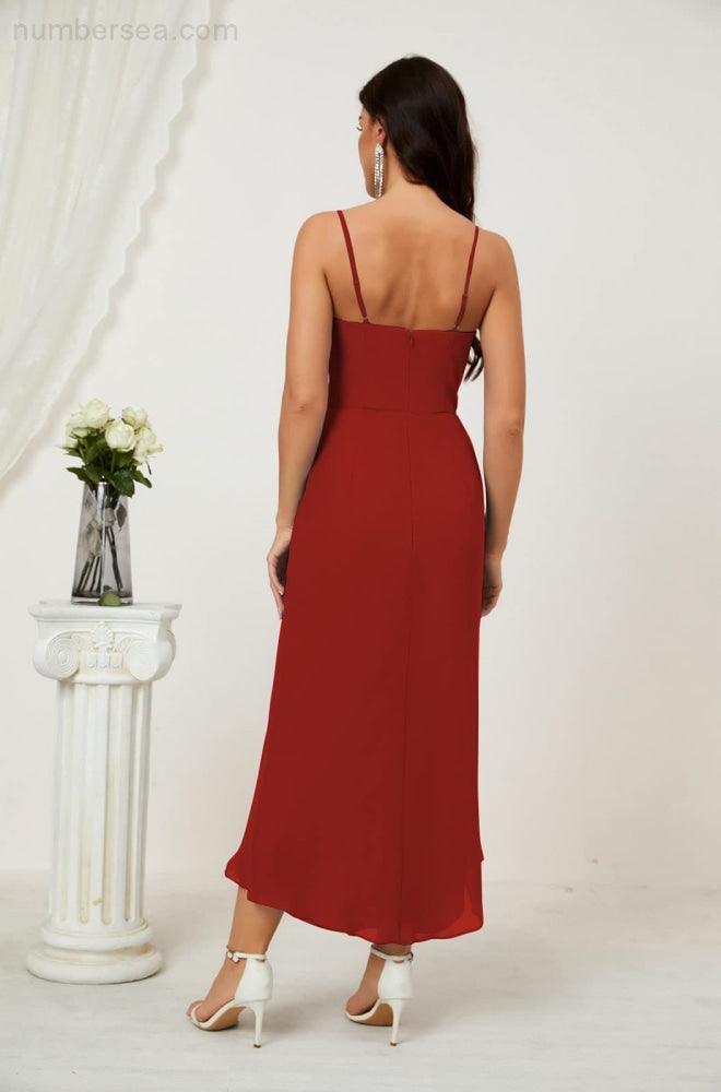 Numbersea Spaghetti Chiffon V Neck Bridesmaid Dress Mid-Length Slit Formal Prom Dress Homecoming Dress 2803-numbersea
