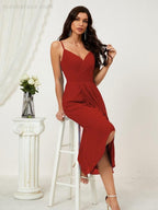 Numbersea Spaghetti Chiffon V Neck Bridesmaid Dress Mid-Length Slit Formal Prom Dress Homecoming Dress 2803-numbersea