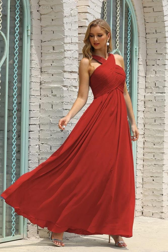 Numbersea Women Halter Chiffon Bridesmaid Dress A-line Long Formal Prom Gown SEA28015-numbersea