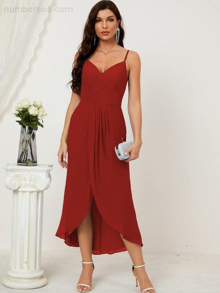 Numbersea Spaghetti Chiffon V Neck Bridesmaid Dress Mid-Length Slit Formal Prom Dress Homecoming Dress 2803-numbersea