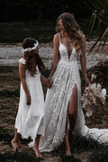 Vestido de novia rústico NumberSea, corte A, escote en V, abertura lateral y encaje para playa, MW645