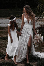 Vestido de novia rústico NumberSea, corte A, escote en V, abertura lateral y encaje para playa, MW645