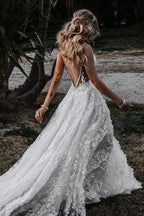 Vestido de novia rústico NumberSea, corte A, escote en V, abertura lateral y encaje para playa, MW645