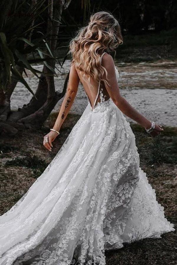 Vestido de novia rústico NumberSea, corte A, escote en V, abertura lateral y encaje para playa, MW645