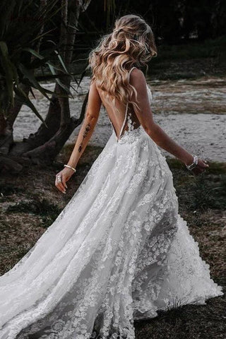 NumberSea Rustic A-line V-neck Side Slit Lace Beach Wedding Dresses, Bridal Gown, MW645