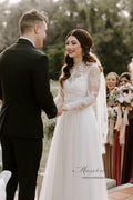 NumberSea Rustikale böhmische Hochzeitskleider mit Illusion-Ausschnitt und langen Ärmeln
