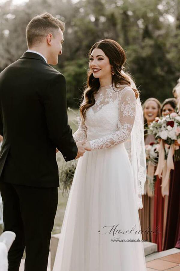 NumberSea Rustic Bohemian Lace Illusion Neckline Long Sleeves Wedding Dresses