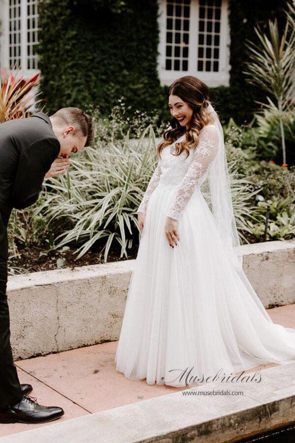 NumberSea Rustic Bohemian Lace Illusion Neckline Long Sleeves Wedding Dresses