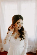 NumberSea Rustikale böhmische Hochzeitskleider mit Illusion-Ausschnitt und langen Ärmeln