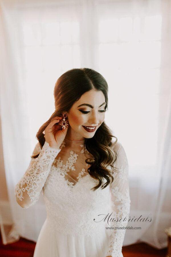 NumberSea Rustic Bohemian Lace Illusion Neckline Long Sleeves Wedding Dresses