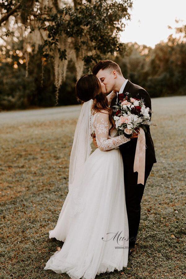 NumberSea Rustic Bohemian Lace Illusion Neckline Long Sleeves Wedding Dresses