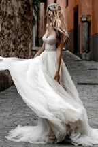 Vestido de novia NumberSea de tul rústico plisado con escote en forma de A, MW624