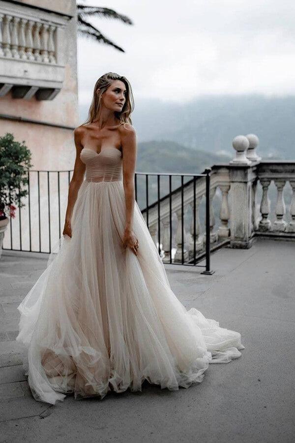 Vestido de novia NumberSea de tul rústico plisado con escote en forma de A, MW624