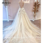 Vestidos de novia de encaje floral de princesa NumberSea para mujer, color champán, estilo bohemio, con cola de corte 