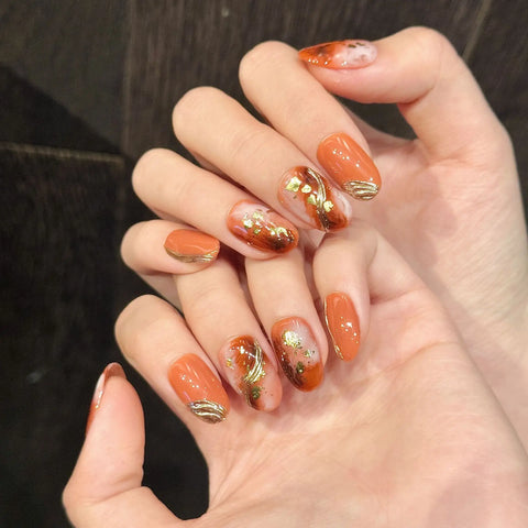10pcs Handmade Press On Nails Smudging Orange Shiny Gold Foil Designs Fake Nails Court Style Japenese False Nail For Women Girls