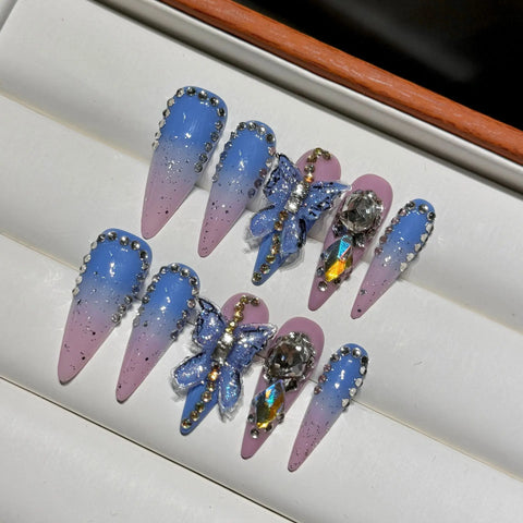 10pcs Retro Bowknots Press On Nails Glossy Pink Long Stiletto White French Style Handmade False Nails Spring Flower Fake Nail