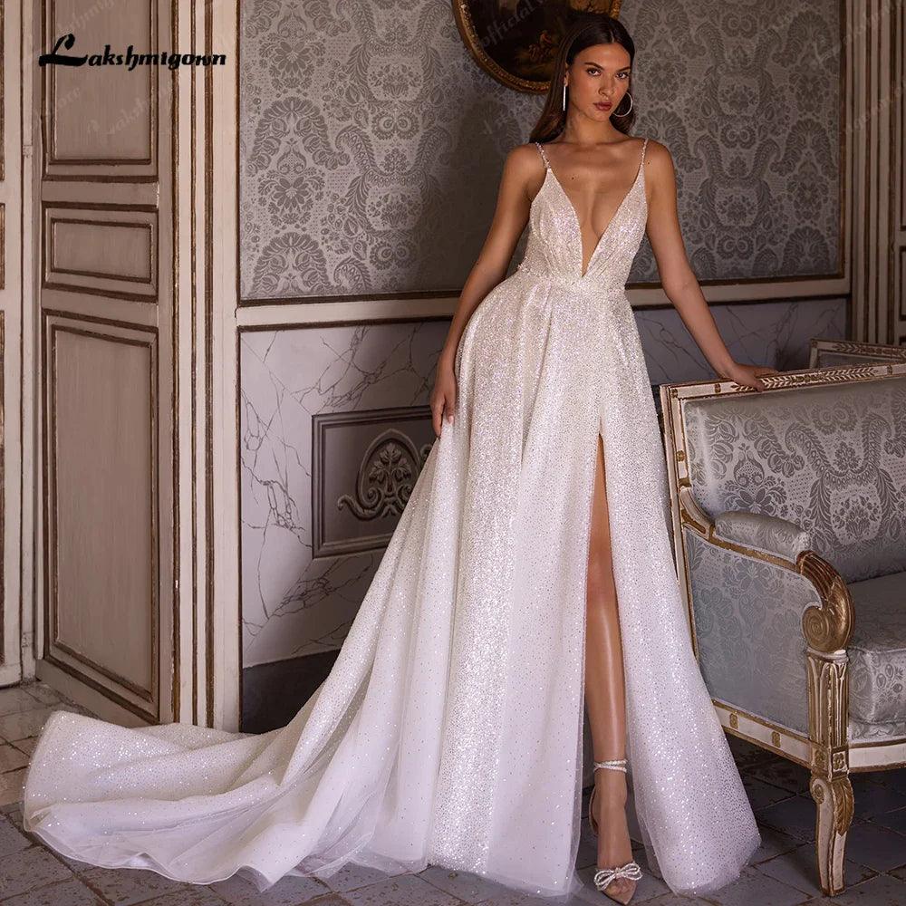 NumberSea Split Side Shiny Glitter Boho Women Wedding Dress for Bride Spaghetti Straps Wedding Gown batas de novia para