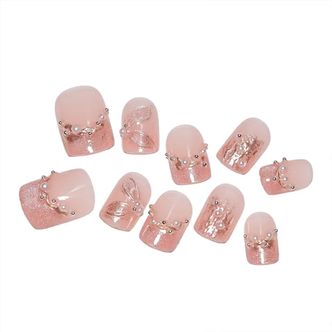 10pcs Short Round Head Handmade False Nails Pink French Style Cat's Eye Press On Nails With Pearl Rhinestone Designs Fake Nail