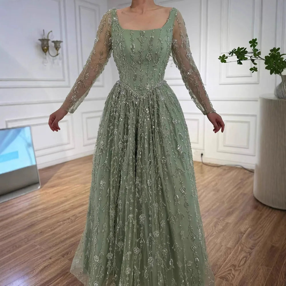 Vestido de Noche de Lujo Color Verde Salvia Bordado con Manga Larga