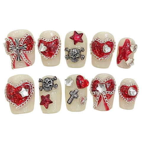 10pcs Sweet Korean Fake Nail Patches Handmade Red Love Heart Bowknots Metal Skull Press On Nails Wearable False Nail Tips Art