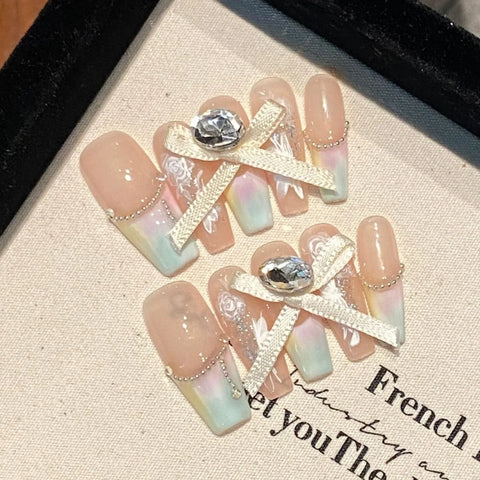 10pcs Handmade press On Nails New Chinese Style Silver French Tips Fake Nail Hand-painted Bamboo Leaf Pearl Diamond False Nails