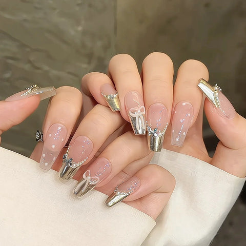 10pcs Handmade French Tips False Nail Medium Length Coffin Fake Nails Metal Butterfly Pearl Bowknots Designs Press On Nails