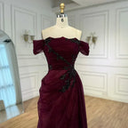 Elegantes weinrotes schulterfreies Spitzen-Abendkleid mit Applikationen