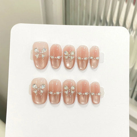 10pcs Flash Cat Eyes Press on Nails with Rhinestone Long Lasting Safe Waterproof False Nails for Shopping Traveling Dating