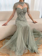 Vestido de Noche Sirena con Cuentas Color Nude de Lujo y Cuello Alto LA72897