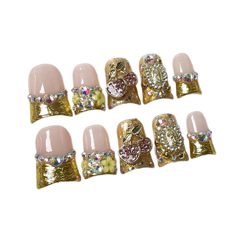 10pcs Handmade Press On Nails Ins Retro Style Goil Foil French Style False Nails Cherry Shape Diamond Duckbill Luxury Fake Nail