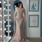 Luxuriöses Abendkleid Nude Perlen Bestickte Robe mit Tüllschleppe