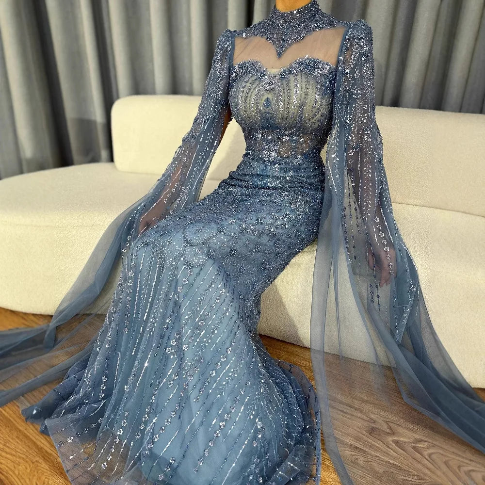 Luxuriöses, dezentes blaues Meerjungfrauen-Abendkleid mit Cape LA73006