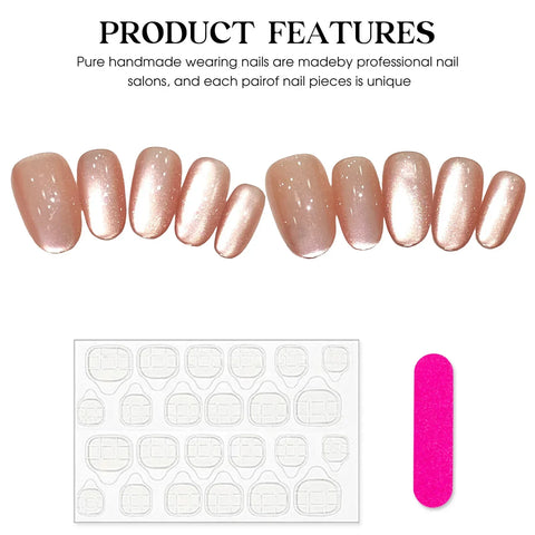 10pcs Handmade Press On Nails Glossy Nude Color Flash Cat's Eye False Nail Tips Full Cover Ballerina Wearable Fake Nail Patches