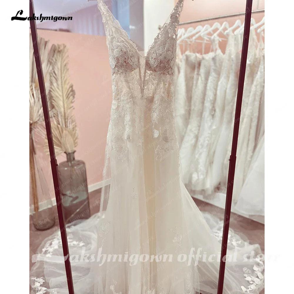 Vestidos de novia NumberSea con escote en V, sin mangas, con apliques de encaje, corte A, espalda descubierta, cola de corte, vestido de novia 