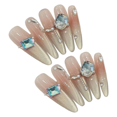 10pcs Long Ballet Press On Nails Glitter Champagne Gold French Blush Cat's Eye Handmade Fake Nails Flash Diamond False Nail Tips