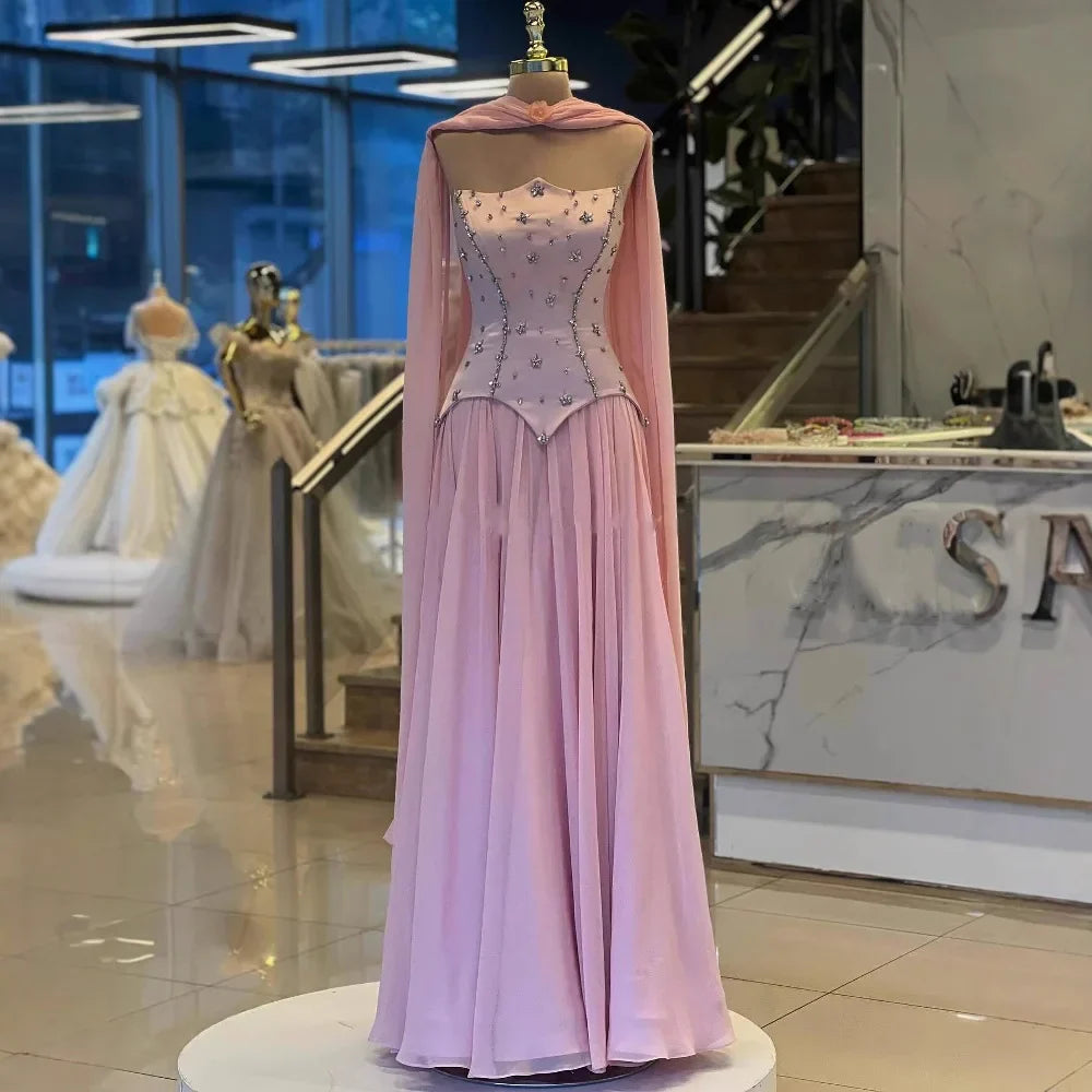 Elegante vestido de noche de chifón color verde salvia corte A