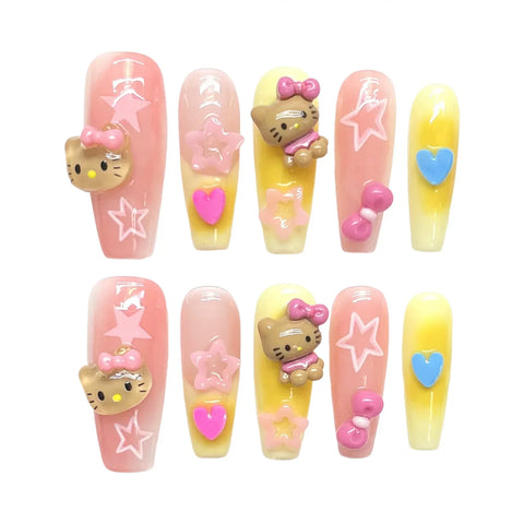 10pcs Handmade Press On Nails Pink Yellow French Style Long Coffin False Nails 3D Cute Cat Bowknots Decor Fake Nail Manicure Art