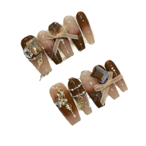 10pcs Gradient Brown Autumn Press On Nails Glossy Rhinestone Bowknots Chain Handmade Falese Nails Mid-length Ballet Manicure Art