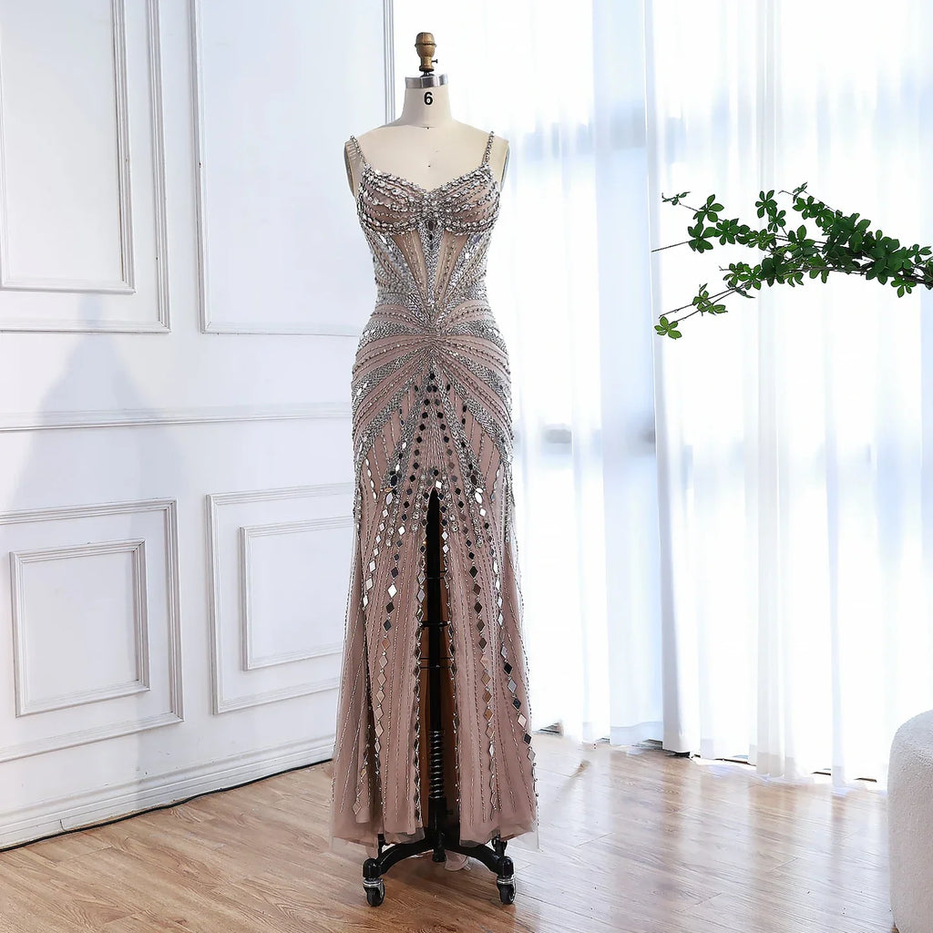 Vestido de Fiesta Sirena Corsé Nude de Lujo con Cuentas LA72803A