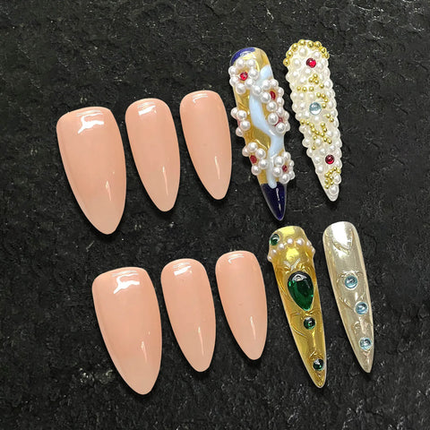 10pcs Handmade Press On Nails Chinese VIntage Court Style False Nails Almond And Long Pointed Luxury Artificial Fake Nail Patch